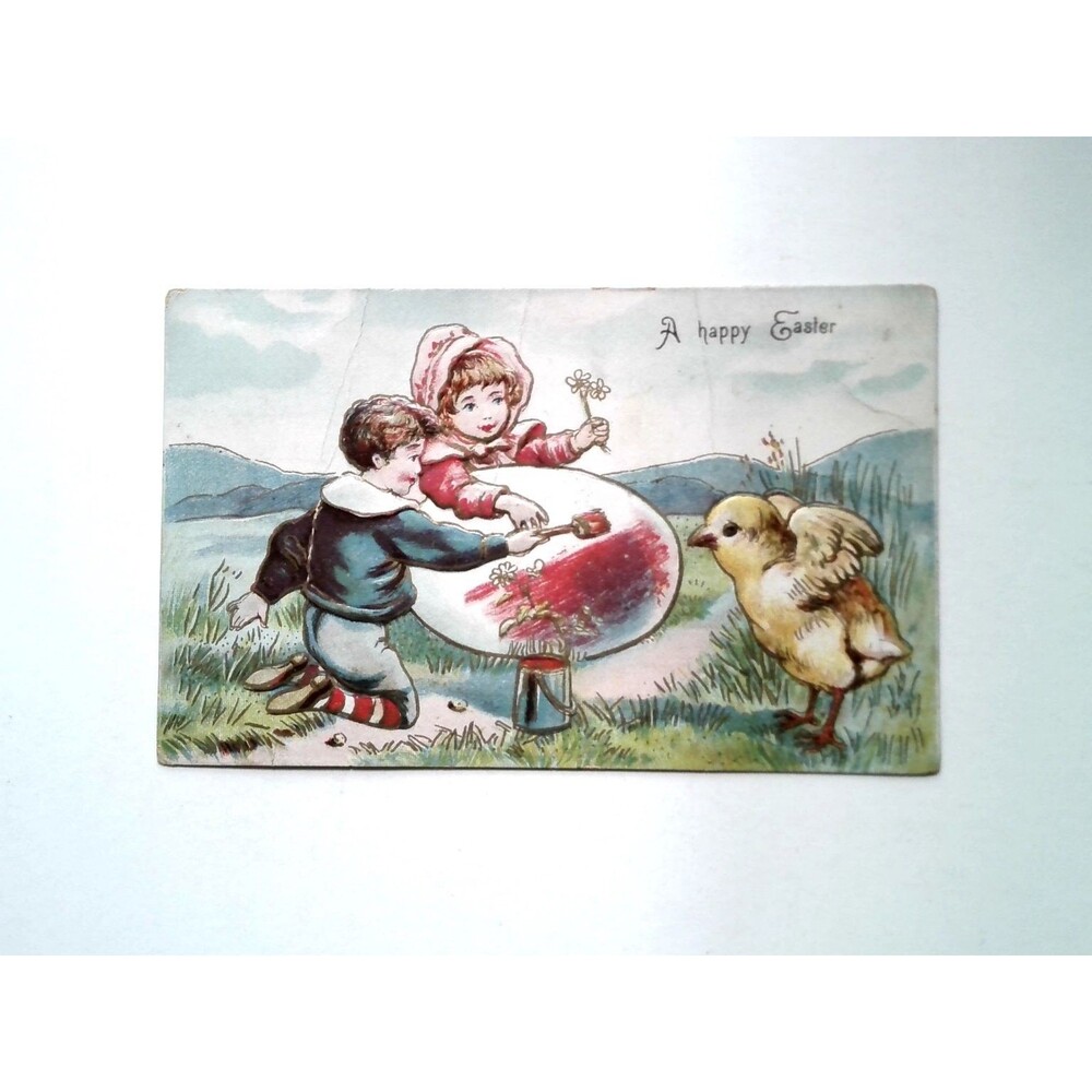 Vintage German Embossed Easter Postcard Children Painting Egg & Chick